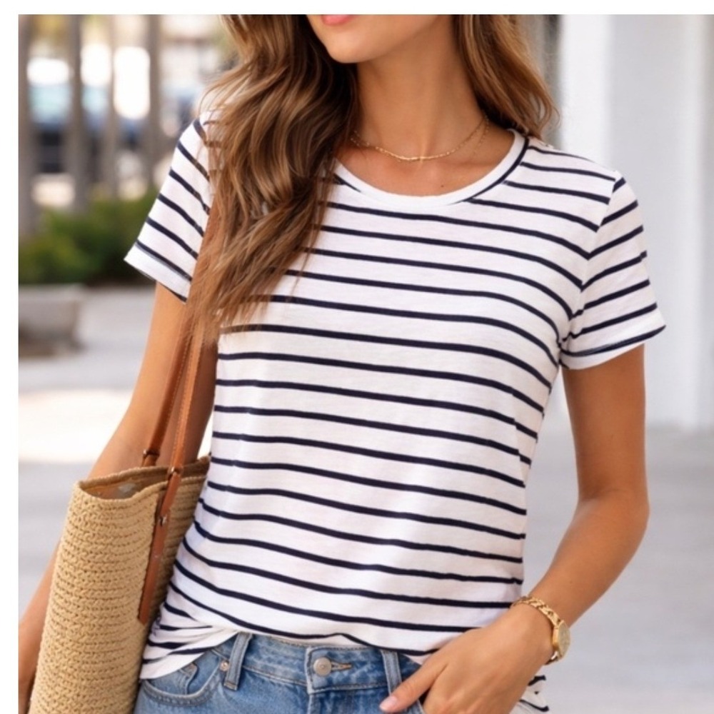 J.Crew‎ Womens M Navy White Striped Cotton Girlfriend Tee Nautical Preppy French